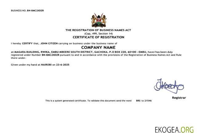 Modèle Word et PDF de certificat d'enregistrement du Kenya